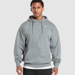 Crest Oversized Zip Up Hoodie Denim Grey