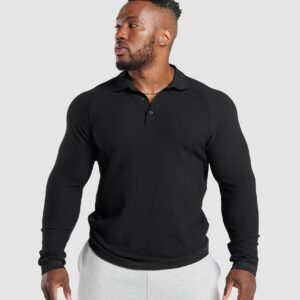 Long Sleeve Waffle Polo Shirt Black
